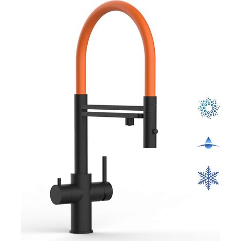 Rubinetto 5 VIE miscelatore lavello cucina in ACCIAIO INOX, canna girevole 360° e doccetta 2 getti movibile, PVD Nero Opaco / Arancione
