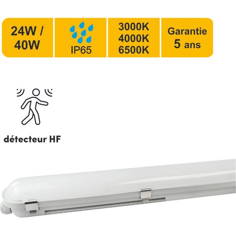 Réglette LED IP65 120cm 24/40W - 3CCT - détecteur mouvement - traversant - garantie 5 ans (1/5)