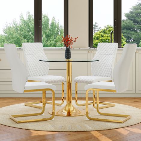 Ensemble table à manger ronde en verre 85 cm avec 4 chaises, métal doré, blanc (1/5)