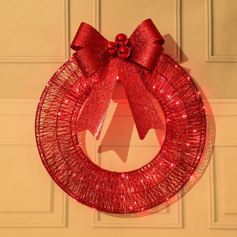 30cm Outdoor Christmas Wreath with LED Lights and Bow, Lighted Metal Christmas Wreath Decoration for Xmas Home Wall Front Door Window Garage (Red) (1/2)