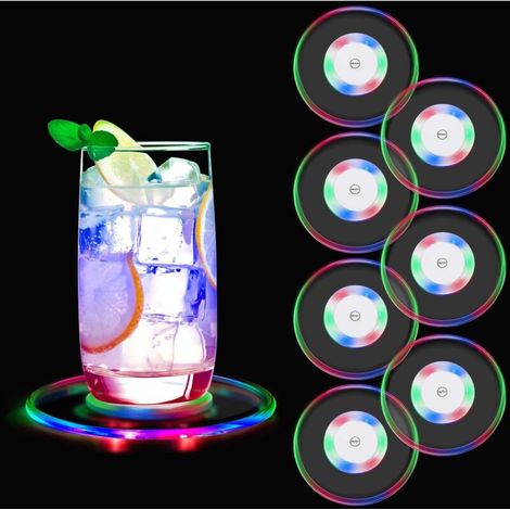 Lot de 7 Dessous de Verre LED Lumineux Coloré. Lumineux Batterie remplaçable 6 Couleurs. sous Verres Ronds Lumineux pour Bière Cocktail Wine. Mariage.Bar. Fête. Noël. Anniversaire (1/4)