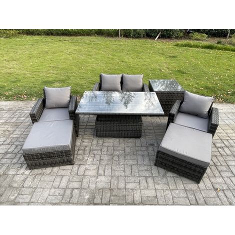 Fimous High Back Rattan Garden Furniture Sofa Sets with Height Adjustable Rising Lifting Table Side Table 2 Big Footstool Dark Grey Mixed (1/5)