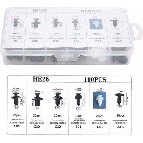 Clips Rivets Plastiques - Universels Pour Pare-Chocs Et Ailes - Compatible Trou 5 À 10 Mm - Lot De 100 Pièces (1/4)