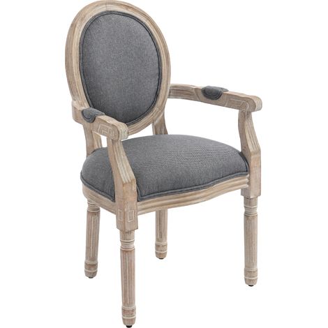 Chaise de Salle à Manger Chaise de Salon médaillon Style Louis XVI Bois Massif patiné sculpté Tissu Lin Gris (1/5)