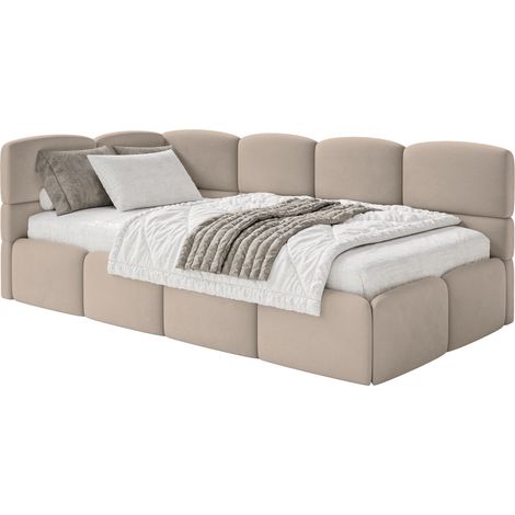 Selsey Cloudy – Jugendbett 120x200, Kopfteil links, Matratze & Bettkasten, Samt Beige