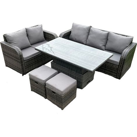 Fimous Extérieur en rotin ensemble salon de jardin hauteur réglable table de levage ensemble canapé décontracté Love Sofa 2 petit repose-pieds gris foncé mix (1/5)