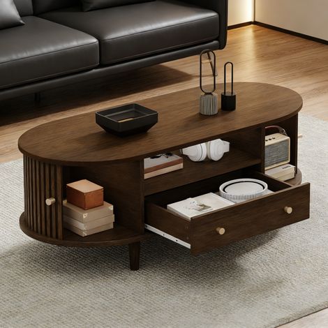 Sideboard 100/50/36 cm in Walnussoptik mit Schublade, Schiebetüren und offenen Fächern (1/5)