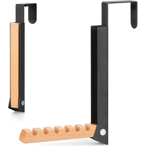 Porte-manteau à suspendre - Pliable - Avec 6 cintres - En métal et bois - Pour porte, chambre à coucher, suspendre des vêtements, des chapeaux, des sacs - Noir (1/5)