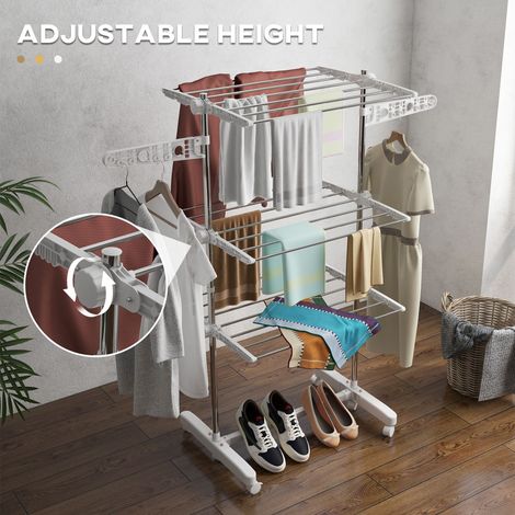 Étendoir à linge pliable à 3 niveaux en acier inoxydable blanc, avec 2 ailes latérales, 6 roulettes, pliable et réglable pour une utilisation intérieure et extérieure. (1/5)
