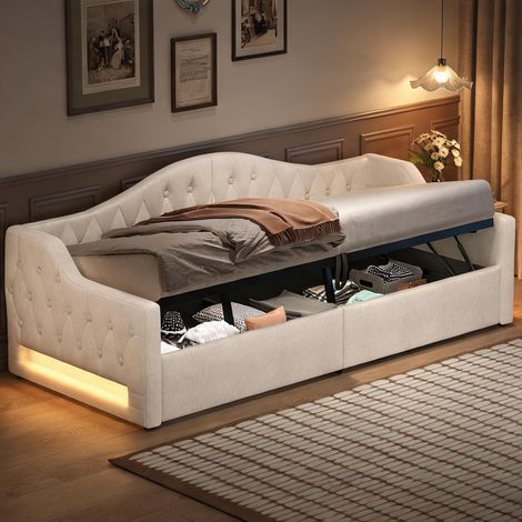 Cadre de lit beige en mDF Plywood Upholstered 213,5 x 98 x 69 cm (1/5)