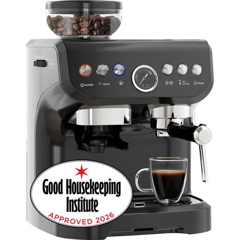 15 Bar Coffee Machine with Adjustable Grind-Steamer and Accessories-Good Housekeeping Institute Approved-Black