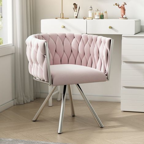 Chaise maquillage velours pivotante 1pc avec structure métal et 4 pieds support, design luxueux pour chambre à coucher, couleur rose. (1/5)