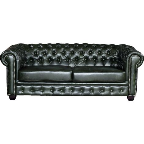 Canapé chesterfield 3 places et un fauteuil BRENTON 100% cuir de buffle - Vert empire (1/4)