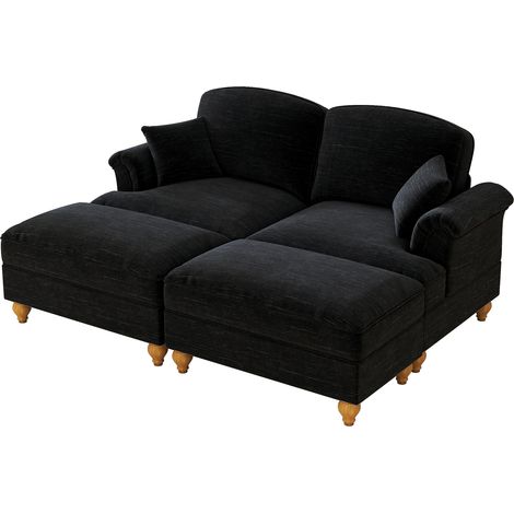 Canapé modulaire classique 2 places en chenille avec accoudoirs en forme d’entonnoir, jupe à volants amovible, pieds fuselés et pouf mobile – canapé cloud profond et moelleux pour le salon, Noir (1/5)