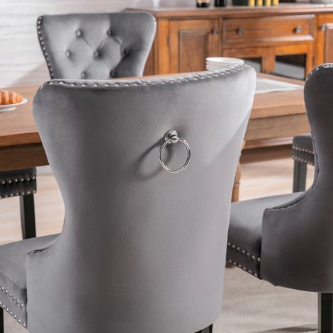 Fauteuils de salle à manger en velours gris, lot de 2, pieds en chêne, boutons, clous décoratifs et embouts chromés, chaise de chambre, cuisine, salon ou détente (2 pièces) (1/5)