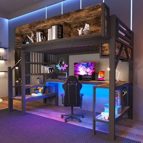 Lit mezzanine enfant 90x200 cm avec LED,prise USB+Type-C,bureau d'angle,rangements,plaque perforée,cadre de lit superposé,Noir+Vintage