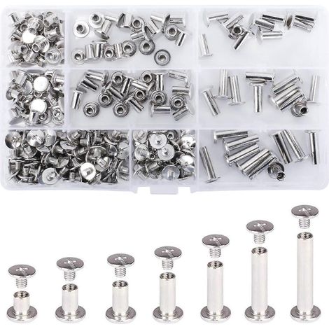 Kit de 230 vis à reliure en métal (5/6/8/10/12/15/18 mm, têtes plates et rondes) pour la reliure et la décoration de cuir. (1/5)