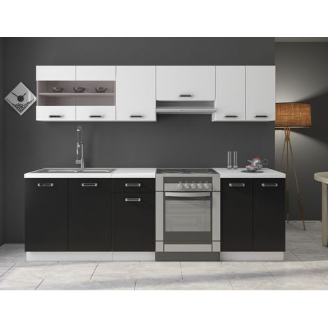 Küche Omega 240 cm Küchenzeile Küchenblock variabel stellbar in Schwarz Weiss (1/6)