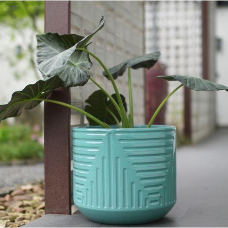 Grand pot de fleurs en céramique Ø 42 cm, émaillé turquoise, relief géométrique (1/5)