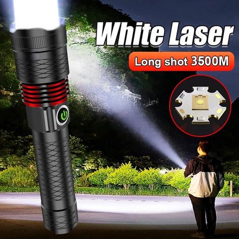 Linterna láser blanca potente con un alcance de 3500 metros, recargable, con zoom y resistente al agua, ideal para acampar. (1/5)