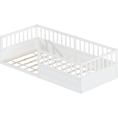 Lit enfant en bois massif, lit au sol 90x200 cm avec barrière antichute et sommier à lattes, lit Montessori avec côté ouvert, lit simple en pin, blanc (1/5)