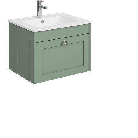 Balterley Butterton 600mm Wall Hung 1 Drawer Unit with Minimalist Basin 1 Tap Hole - Satin Green (1/4)