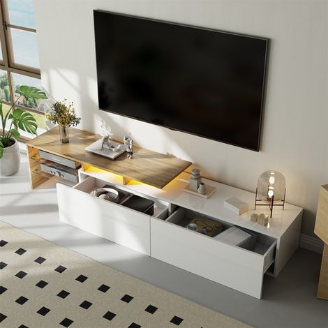 DESMIU Meuble TV avec 2 niches et étagères en verre, LED 16 couleurs, pour salon, en panneau de particules, blanc et naturel, 170 × 33 × 33,5 cm (1/5)