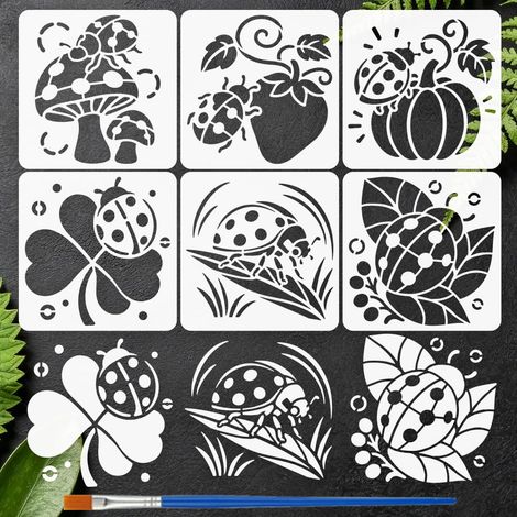6Pièces Pochoirs Coccinelles Avec Pinceau 15x15cm Pochoir Coccinelles Nature Pochoir Champignon Feuille Thème Animal pour Peinture Sur Bois Mur Meubles Loisirs Créatifs DIY Décoration (1/5)
