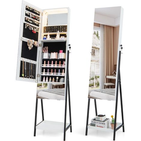 Armoire à bijoux blanche sur pied avec miroir pleine longueur, éclairage LED 3 couleurs (1/5)