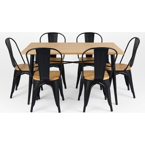 Ensemble Table et Chaises Style Industriel, Métal Noir Mat et Bois Clair Naturel, 140x80 cm (1/5)