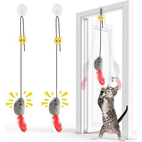 2Pcs Jouet Chat Interactif Souris Suspendue avec Queue à Plumes - Souris Suspendue avec Bruit et Corde Élastique - sans Piles, Idéal pour Jeu Autonome (1/5)