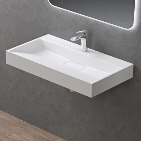 doporro Lavabo da Appoggio Bagno Sospeso Lavandino Rettangolare in Marmoresina con Piletta di Scarico Inclusa Colossum19, 70x46x11 cm Bianco Opaco Monoforo