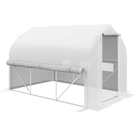 3 x 2(m) Walk-in Polytunnel Greenhouse, Zipped Roll Up Sidewalls, Mesh Door, 6 Mesh Windows, Tunnel Warm House Tent with PE Cover, Complimentary Plant Labels and Gloves, White