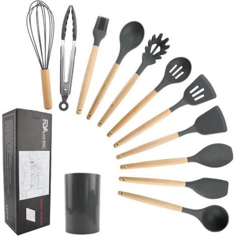 Silikon-Küchenhelfer-Set, 12-teilig: Löffellöffel, Pinsel, Schneebesen, Pfannenwender, Schöpfkelle, Pfannenwender mit Schlitzen, Löffelzange, Pastagabel (1/4)