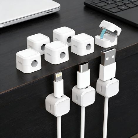 Support Câble Magnétique,6 PCS Attache Cable Adhésif Organisateur de Cable pour Bureau,Cache Multiprise Range Cable pour Téléphone Chargeur USB,Accessoire Bureau Blanc (1/5)