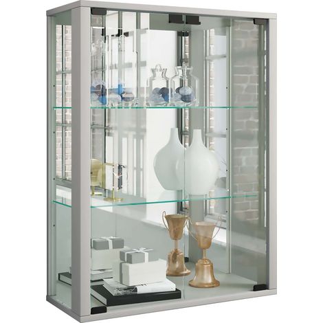 Udina Vitrinenschrank wandhängend mit Spiegel 2 Glastüren Inkl. LED-Leuchten silberfarben.