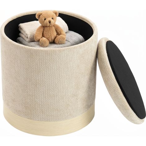 Pouf coffre rangement, tabouret rond en chenille, pouf repose-pieds avec base en métal effet bois, beige (1/5)