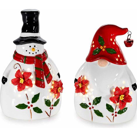 Babbo Natale e pupazzo di neve in porcellana lavorata con rilievo e luci LED, set da 2 pezzi, cm 9,5 x 8 x 16 H