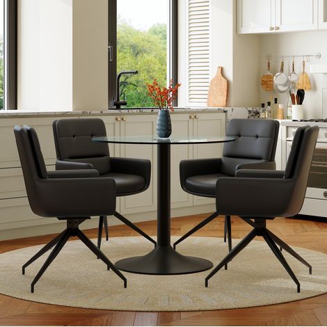 Ensemble table ronde verre trempé 85 cm et 4 chaises pivotantes PU noir HAVRYA (1/5)