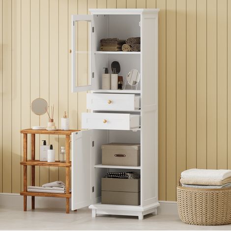 Badmöbel modern aus MDF in Weiß 45 x 36 x 160 cm mit 2 Schränken, 2 Schubladen, verstellbarem Einlegeboden und Glastür (1/5)