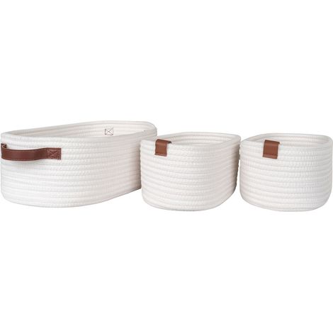 Set 3 cestini Jarana in cotone bianco con manici in cuoio