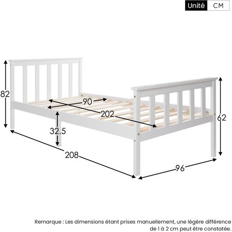 Letto Singolo 1 Posto con Testiera, 90×200 cm, senza Materasso, in Legno Massello, Bianco (1/4)