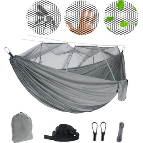 Amaca da campeggio con zanzariera, moschettoni e cinghie di fissaggio, portata 200 kg (260 x 140 cm), traspirante, ad asciugatura rapida, ideale per i viaggi. (1/5)