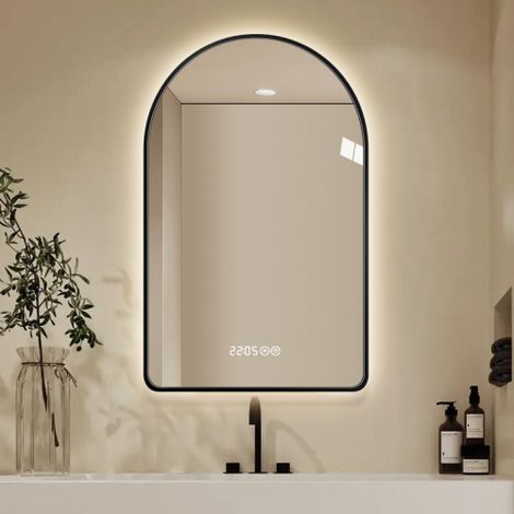 Miroir LED Arqué 60x120cm Salle de Bain Antibuée Horloge Température Cadre Noir