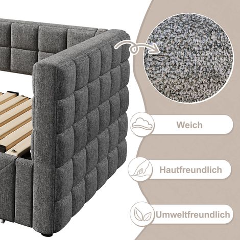 Daybett 90x200cm, canapé-lit extensible à dossier carré, convertible en lit queen size 180cm, 2 tiroirs, sans matelas, gris (1/5)