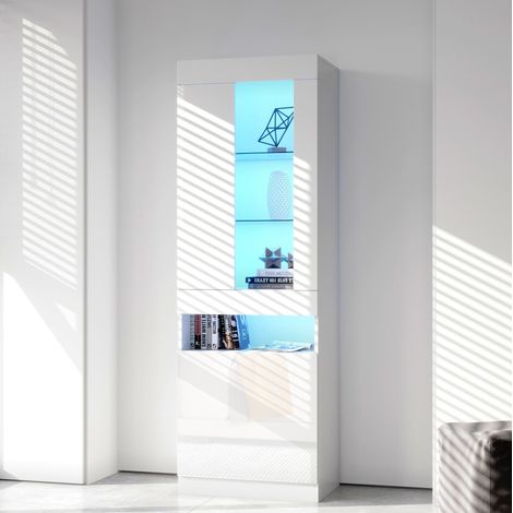 FLORAGRACE Vitrine LED blanche 50 x 40 x 180 cm en panneau de particules, meuble de rangement moderne avec portes, étagères en verre et éclairage USB Bluetooth pour salon (1/5)