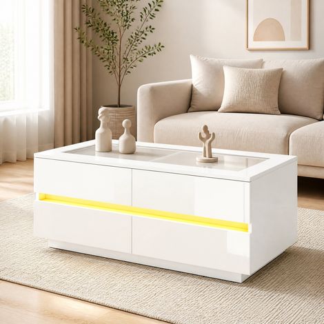 Mesa de centro LED blanca 100 x 50 x 40 cm con 4 cajones y tapa de vidrio templado (1/5)