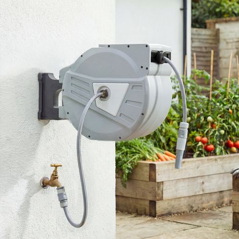 Enrouleur Tuyau Arrosage Mural 40+2 m x Ø 15mm, Dévidoir de Tuyaux d'Eau Rétractable Automatique Pivotant à 180°, Gris (1/5)