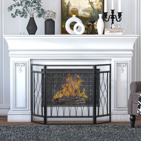 Pantalla Protectora de Chimenea Plegable de 3 Paneles con Bisagras y Estructura de Metal Decorativa 126x3x80 cm Negro (1/5)