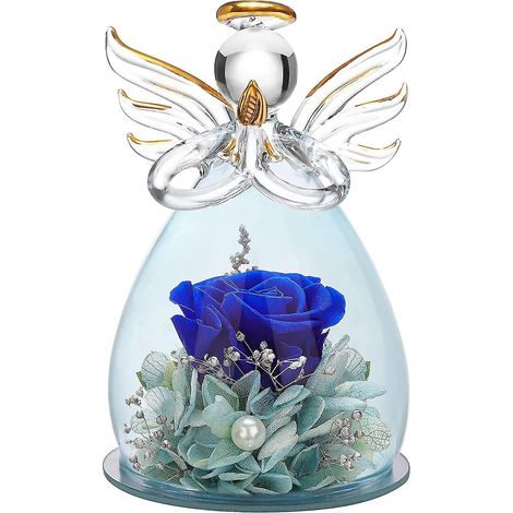 Cadeau pour la fête des mères ou l'anniversaire de maman : statuette d'ange en verre ornée de jolies fleurs violettes - 11 x 7,5 cm - bleu marine (1/5)